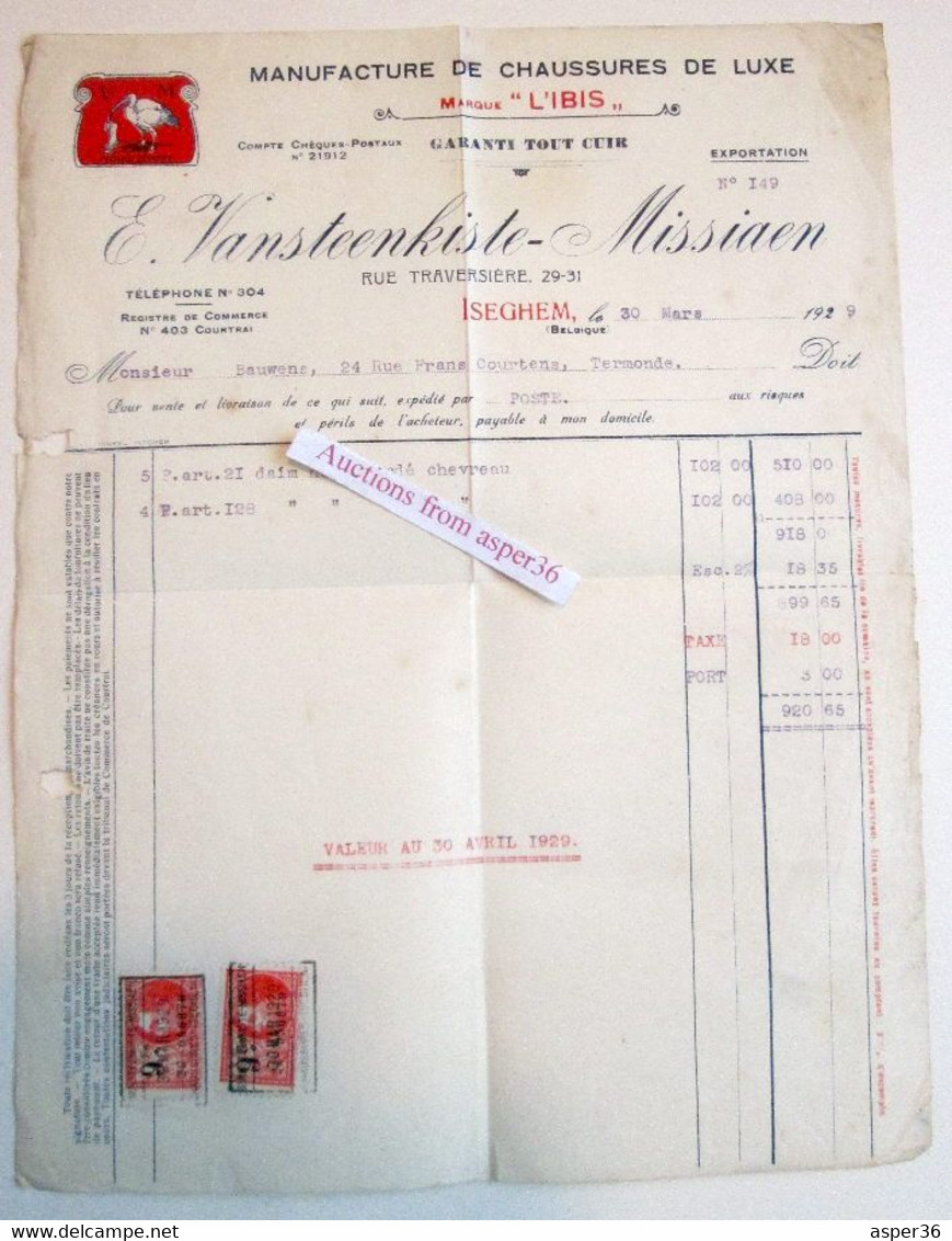 Manuf De Chaussures "L'Ibis" E. Vansteenkiste-Missiaen, Rue Traversière, Izegem 1929 - 1900 – 1949
