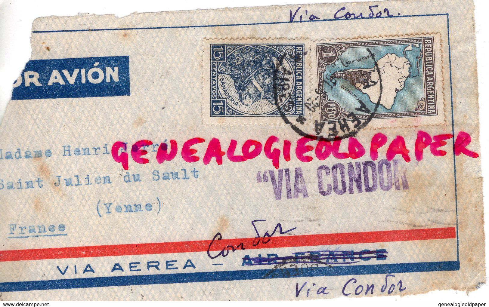 ARGENTINE- DEVANT ENVELOPPE VIA AEREA CONDOR-AIR FRANCE- MME HENRI JORRE -ST SAINT JULIEN DU SAULT YONNE-1920 - Storia Postale