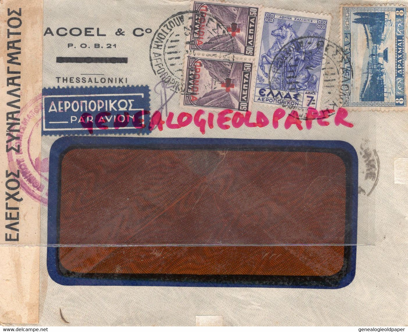 GRECE- ENVELOPPE CENSURE PAR AVION  ACOEL & CO-THESSALONIKI-- A PIERRE PERUCAUD MEGISSERIE ST SAINT JUNIEN-1937 - Brieven En Documenten