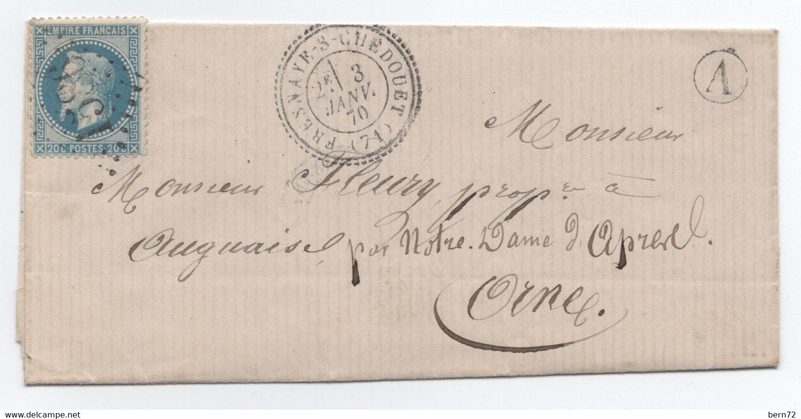 LA FRESNAYE SUR CHEDOUET - SARTHE Du 3 Janvier 1870 - Cachet Type 24 Et GC 1586 - Indice 14 - 130€ - TTB - 1849-1876: Classic Period