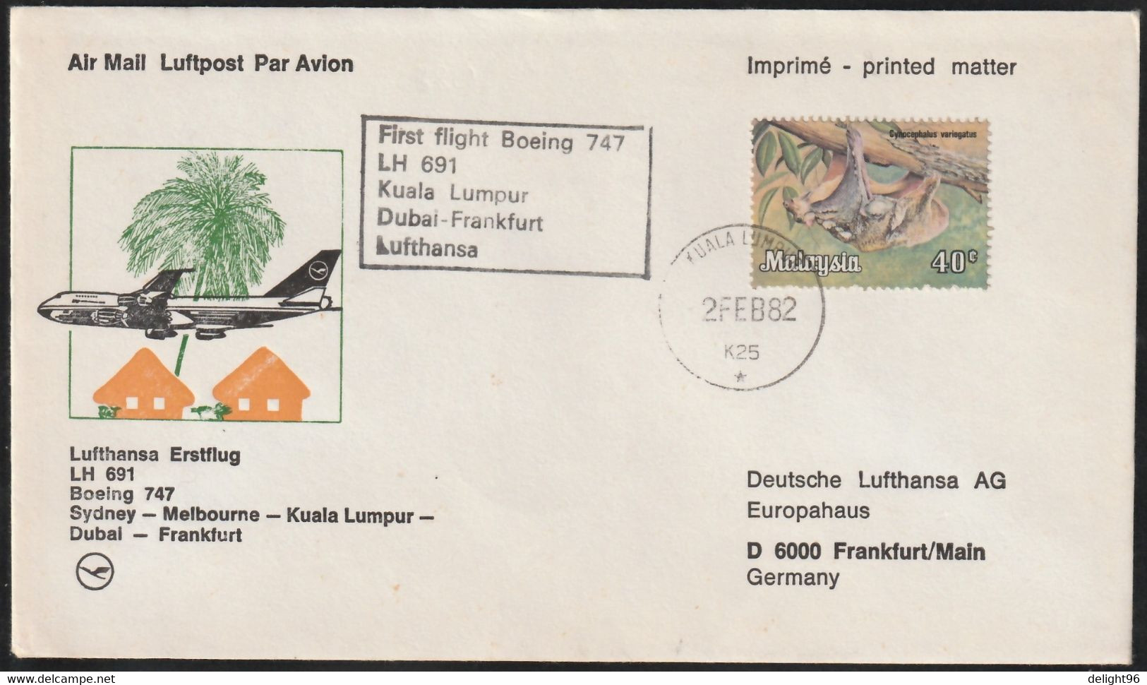 1982 Malaysia Kuala Lumpur - Frankfurt First Flight Cover - Vliegtuigen