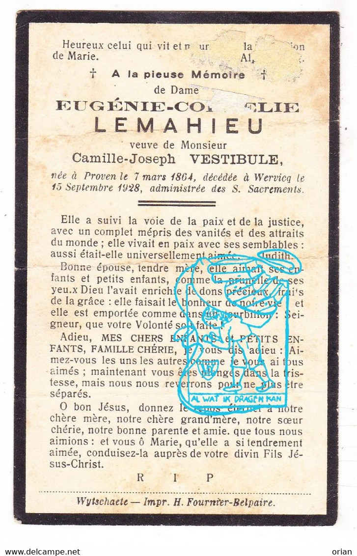 DP Eugénie LeMahieu ° Proven Poperinge 1864 † Wervicq Wervik 1928 X Camille Vestibule - Imágenes Religiosas