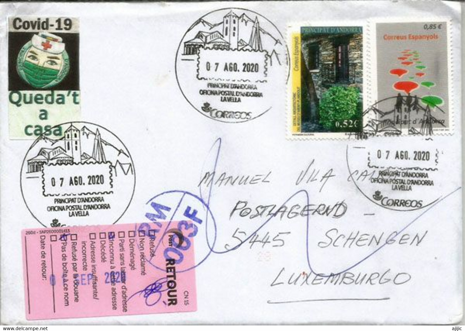 Letter From Andorra Español, Sent To LUXEMBOURG, During Epidemic COVID19, Return To Sender,w/prevention Sticker - Storia Postale
