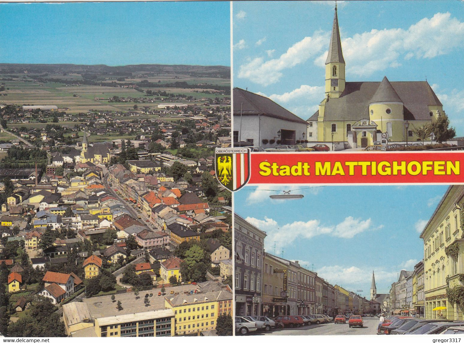 1028) 5230 MATTIGHOFEN - Tolle ältere DREIBILD AK Kirche Platz AUTOS U. Häuser LUFTBILD - Mattighofen