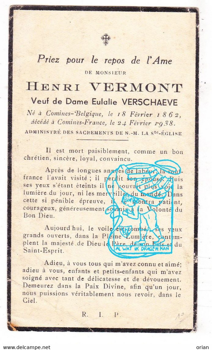 DP Henri Vermont ° Comines BE 1862 † Comines FR Nord 1938 X Eulalie Verschaeve // Comines-Warneton - Images Religieuses