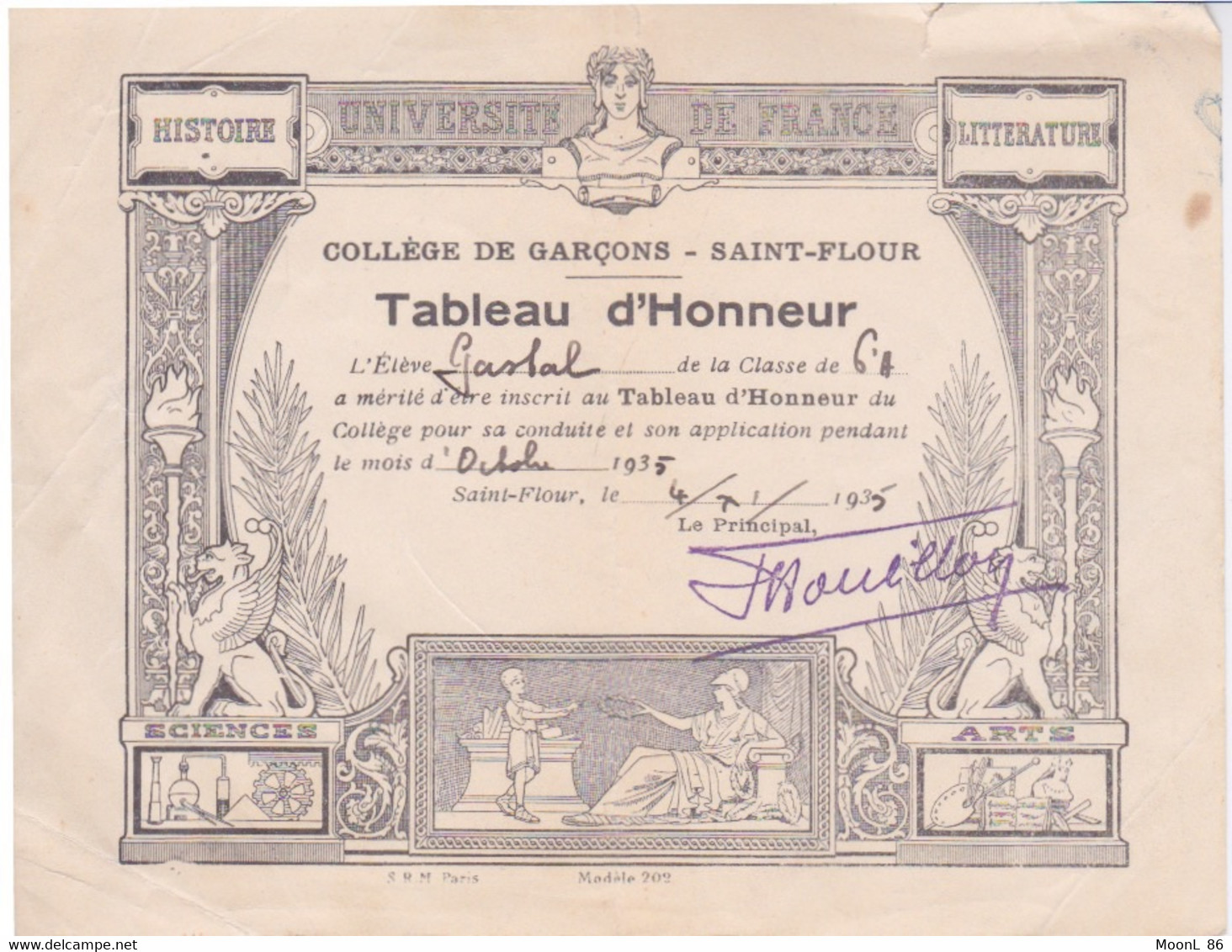 DIPLOME - 1935 - COLLEGE DE GARÇONS A SAINT-FLOUR  - 6° A TABLEAU D'HONNEUR - Diplômes & Bulletins Scolaires