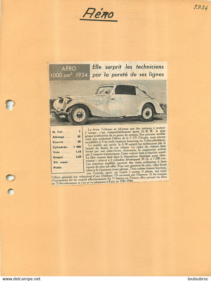 VOITURE AERO 1000 CM3 1934 EXTRAIT DE JOURNAL COLLE SUR CARTON 21 X 27 CM - Voitures