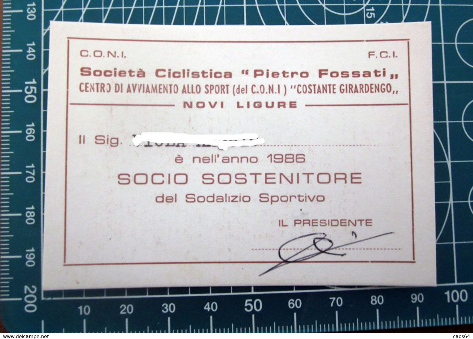 Tessera Società Ciclistica 'Pietro Fossati' Novi Ligure 1986 - Tessere Associative