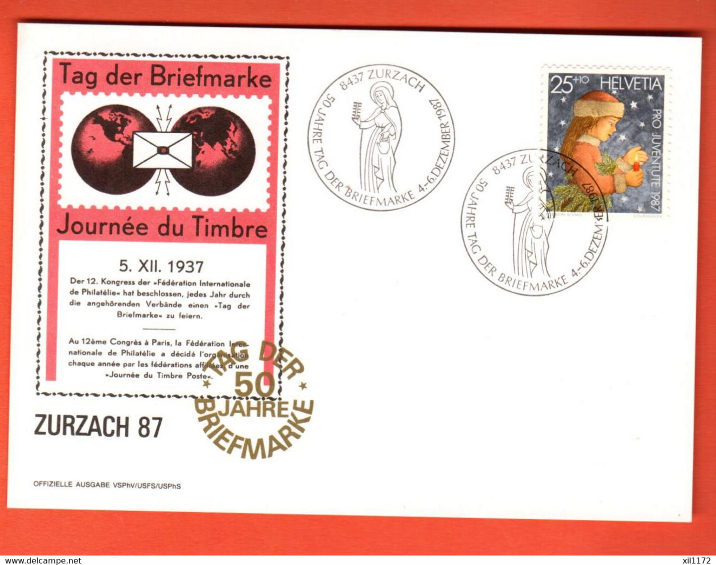 ZIF-21 CM  Zurzach AG 1987, Tag Der Briefmfarke. Carte-Maximum-Karte 5. Dez. 1987 Pro Juventute Briefmarke.Gross Format - Zurzach