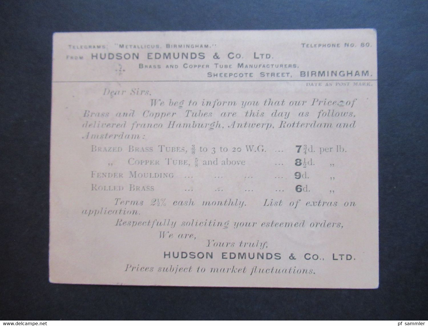 GB 1896 Michel Nr. 86 EF Drucksache Hudson Edmunds & Co. Brass And Copper Tube Manufacturer Birmingham - Ohne Zuordnung