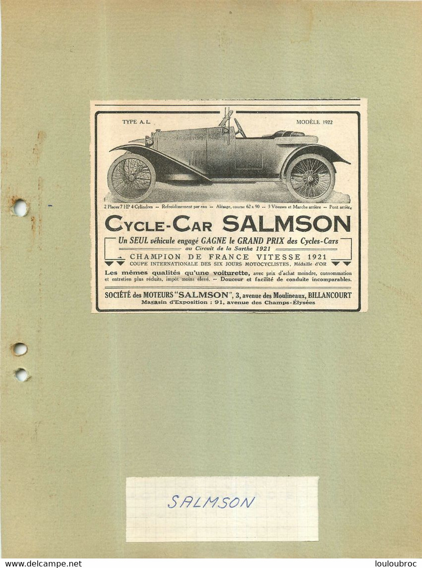 AUTOMOBILE CYCLE-CAR SALMSON EXTRAIT DE JOURNAL COLLE SUR CARTON 21 X 27 CM - Voitures