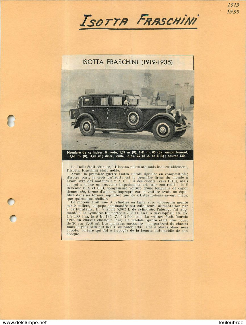 AUTOMOBILE ISOTTA FRASCHINI EXTRAIT DE JOURNAL COLLE SUR CARTON 21 X 27 CM - Voitures