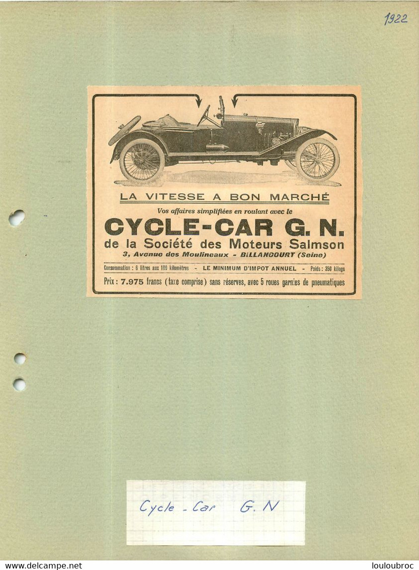 AUTOMOBILE  CYCLE-CAR G.N. MOTEUR SALMSON EXTRAIT DE JOURNAL COLLE SUR CARTON 21 X 27 CM - Voitures