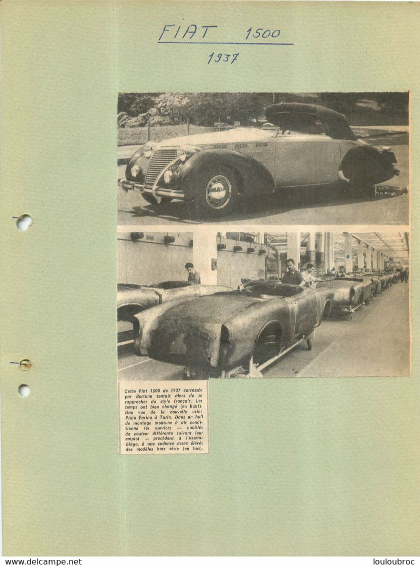 AUTOMOBILE FIAT 1500 DE 1937 EXTRAIT DE JOURNAL COLLE SUR CARTON 21 X 27 CM - Voitures