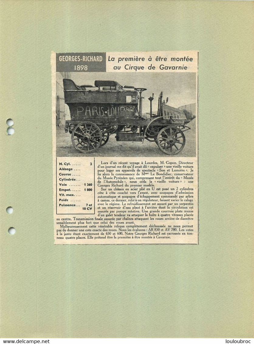 AUTOMOBILE GEORGES RICHARD 1898 AYANT FAIT PARIS LOURDES EXTRAIT DE JOURNAL COLLE SUR CARTON 21 X 27 CM - Voitures