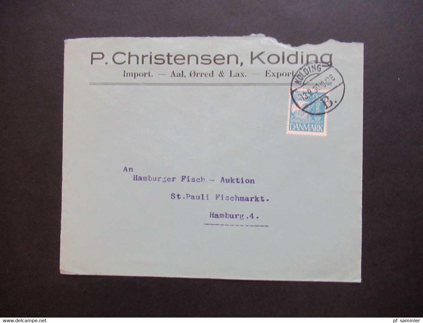 Dänemark 1930 Umschlag P. Christensen Kolding Aal, Orred & Lax An Hamburger Fisch Auktion St. Pauli Fischmarkt - Storia Postale