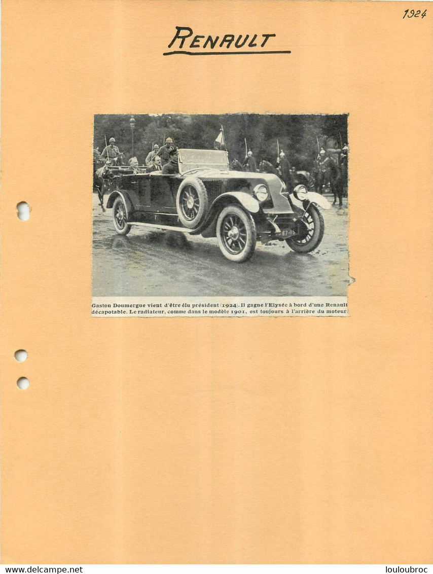 AUTOMOBILE RENAULT DECAPOTABLE EXTRAIT DE JOURNAL COLLE SUR CARTON 21 X 27 CM - Voitures