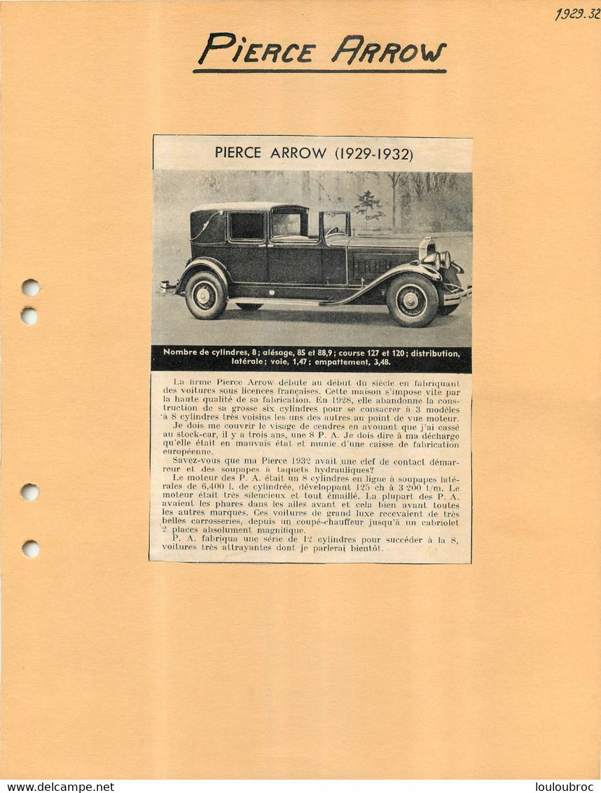 AUTOMOBILE PIERCE ARROW 1929-1932 EXTRAIT DE JOURNAL COLLE SUR CARTON 21 X 27 CM - Voitures