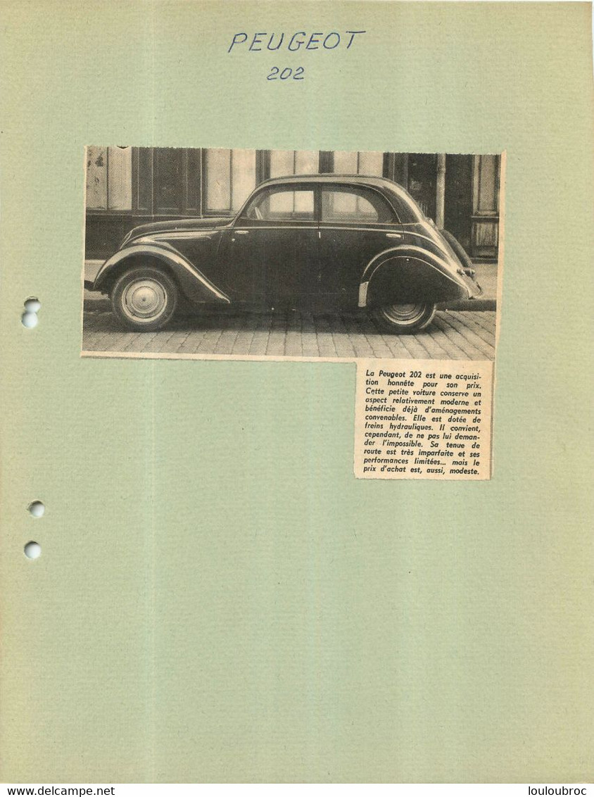 AUTOMOBILE PEUGEOT 202 EXTRAIT DE JOURNAL COLLE SUR CARTON 21 X 27 CM - Voitures