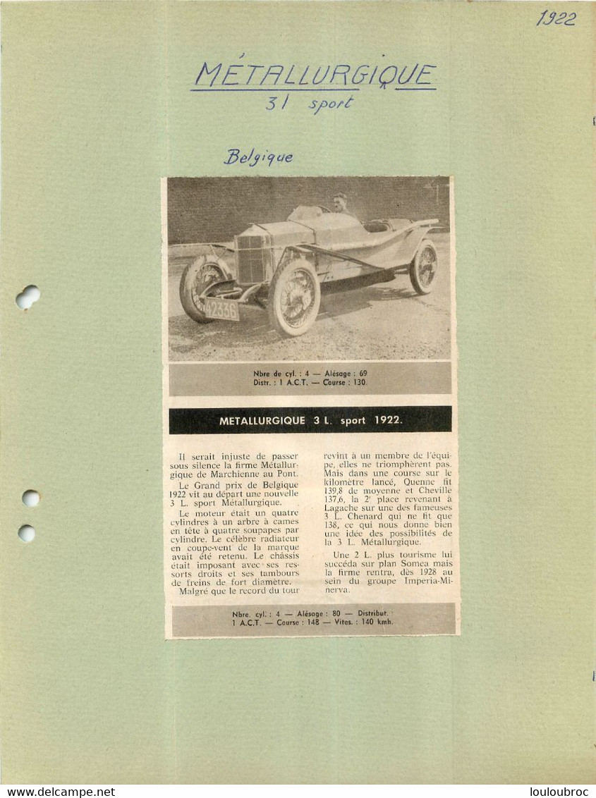 AUTOMOBILE METALLURGIQUE 3L SPORT 1922 EXTRAIT DE JOURNAL COLLE SUR CARTON 21 X 27 CM - Voitures