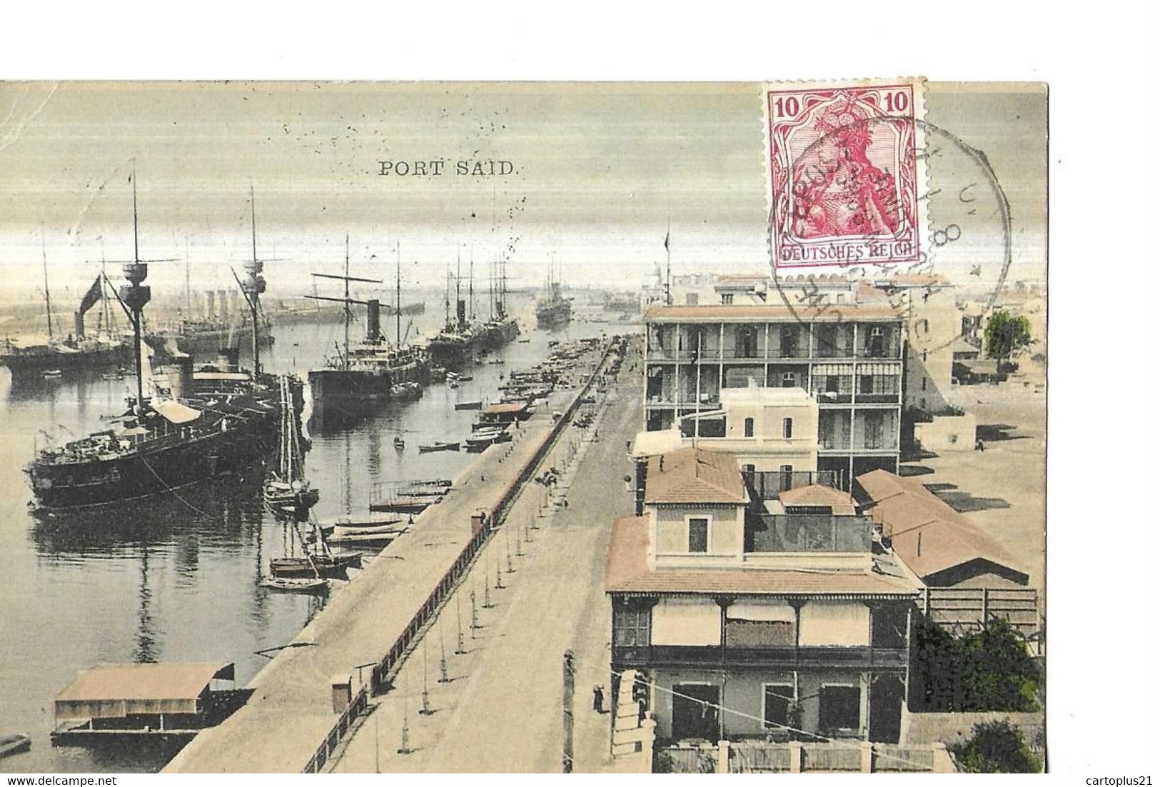 EGYPTE    PORT SAID      MAISONS BATEAUX COULEURS   Petit Pli Coin   CACHET ALLEMAND 1910 - Port Said