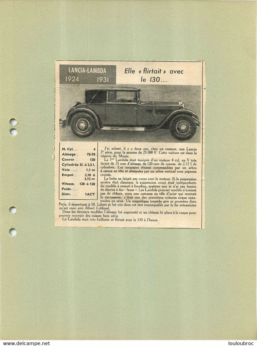 AUTOMOBILE LANCIA LAMBDA 1924-1931 EXTRAIT DE JOURNAL COLLE SUR CARTON 21 X 27 CM - Voitures