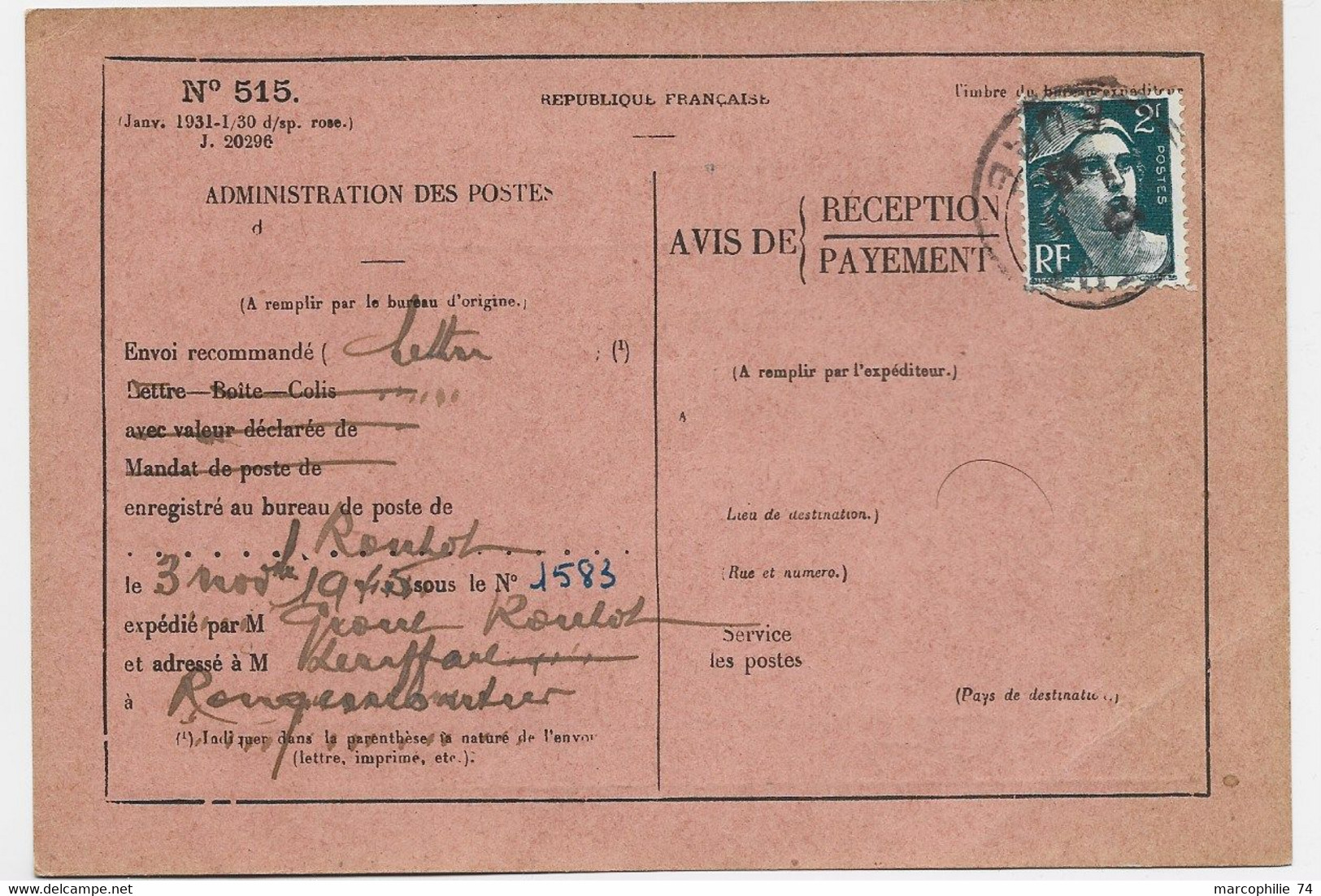 GANDON 2FR SEUL CARTE AVIS DE RECEPTION N° 515 EURE 6.12.1945 - 1945-54 Marianne Of Gandon