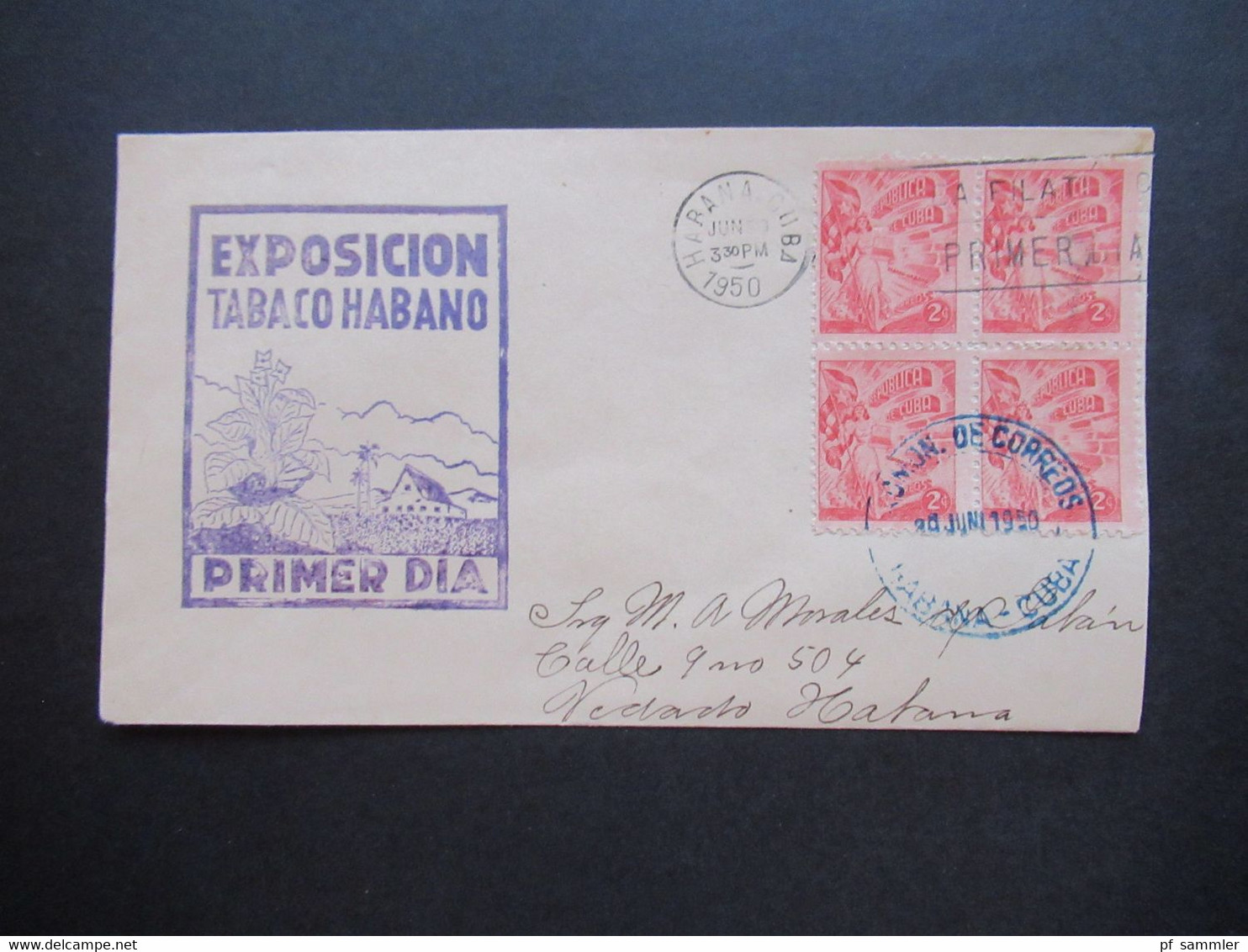 Cuba / Kuba 1950 Exposicion Tabaco Habano Primer Dia / FDC Mit Viererblock - Brieven En Documenten