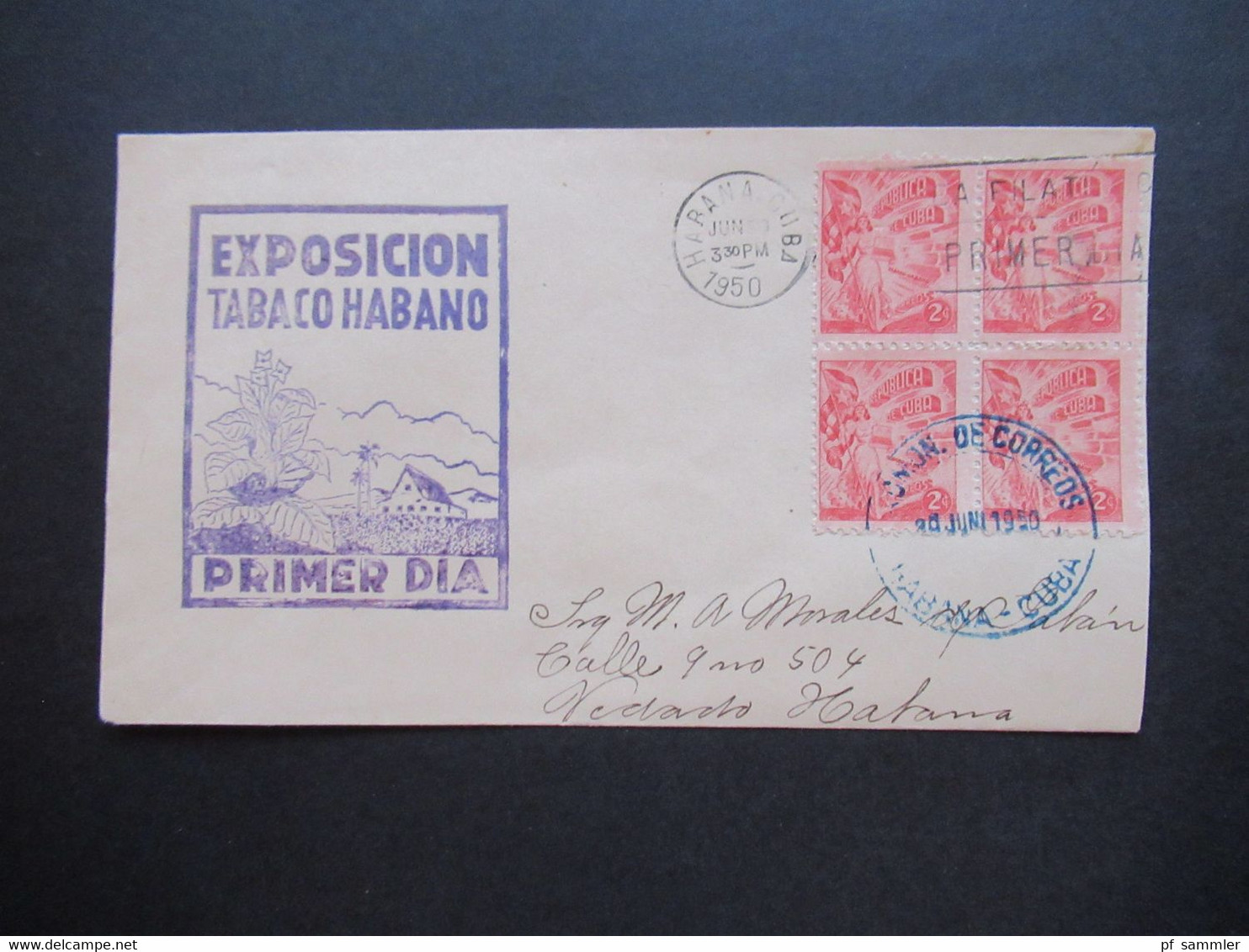 Cuba / Kuba 1950 Exposicion Tabaco Habano Primer Dia / FDC Mit Viererblock - Lettres & Documents
