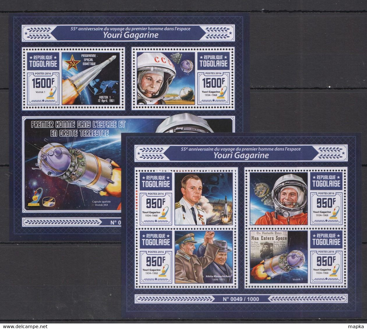 TG228 2016 TOGO TOGOLAISE SPACE 55TH ANNIVERSARY YURI GAGARIN KB+BL MNH - Sonstige & Ohne Zuordnung