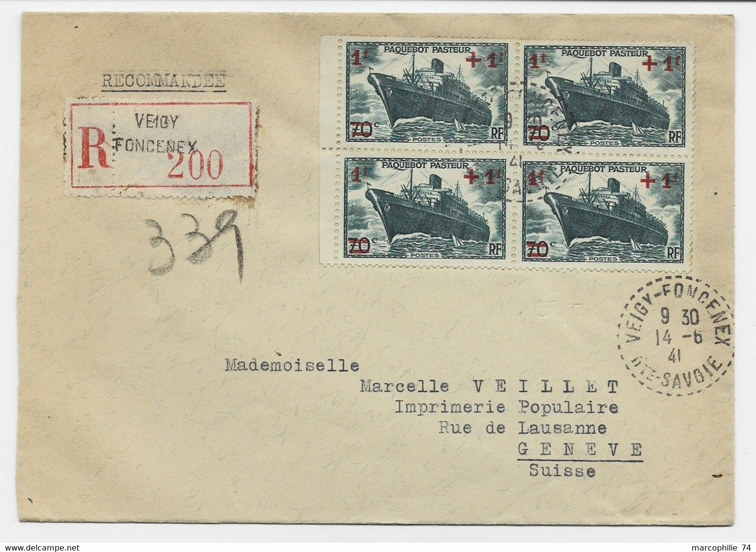 N° 502 BLOC DE 4 LETTRE C. PERLE VEIGY FONCENEX 14.6.1941 HTE SAVOIE POUR GENEVE TARIF FRONTALIER A 4FR RARE - 1921-1960: Modern Period