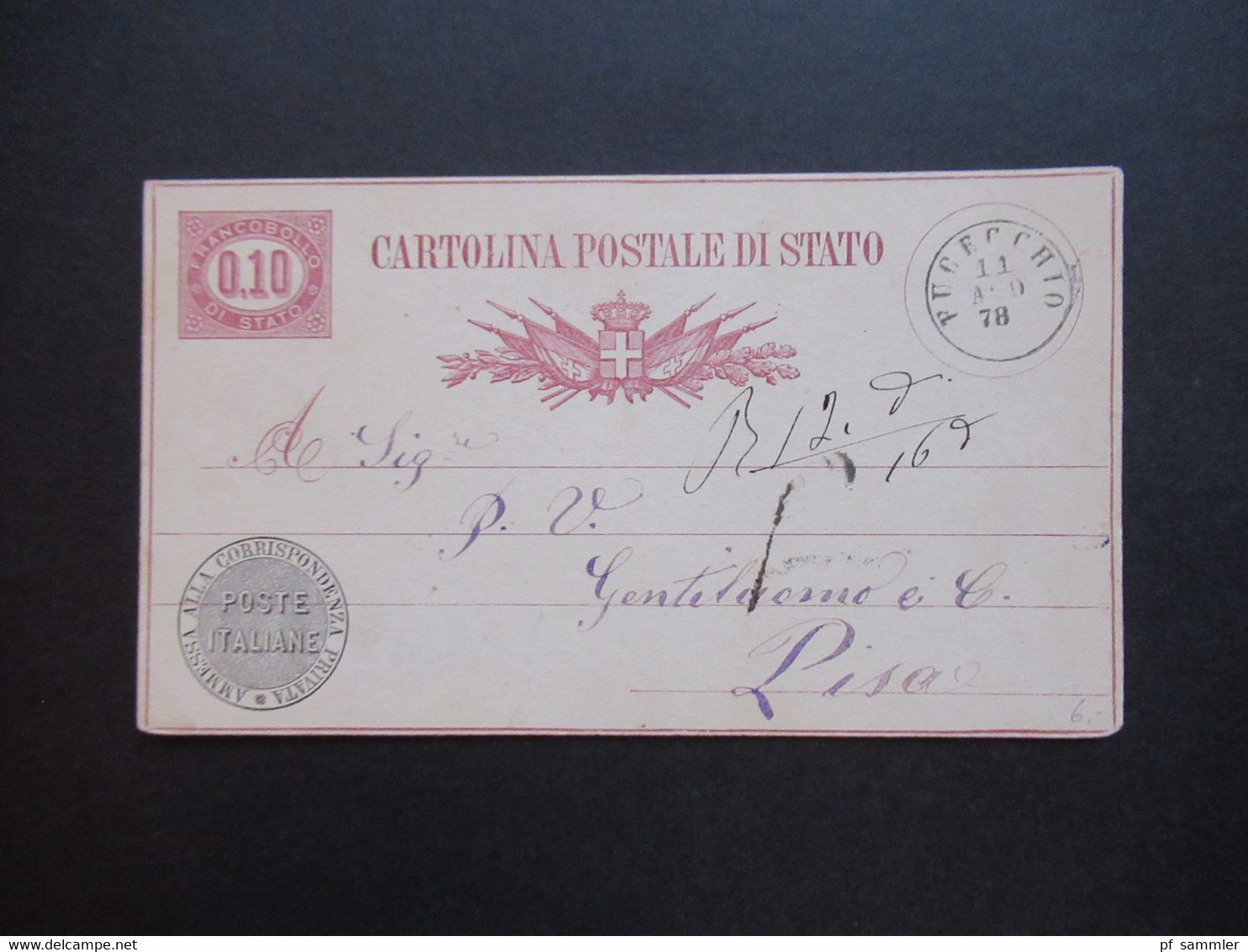 Italien 1878 Ganzsache P5 II Mit Sauberem Stempel K1 Pucecchhio Nach Pisa Gesendet - Entiers Postaux