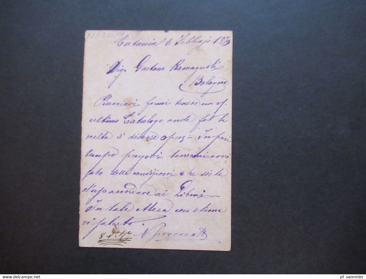 Italien 6.2.1879 Ganzsache P2 ?! Stempel K1 Catania Nach Bologna Gesendet - Entero Postal