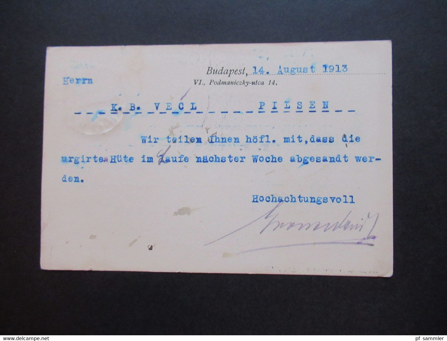 Ungarn 1913 Postkarte Firmenkarte Gross & Weiss Hut Und Hutfourniturenfabrik Budapest Nach Pilsen Gesendet - Briefe U. Dokumente