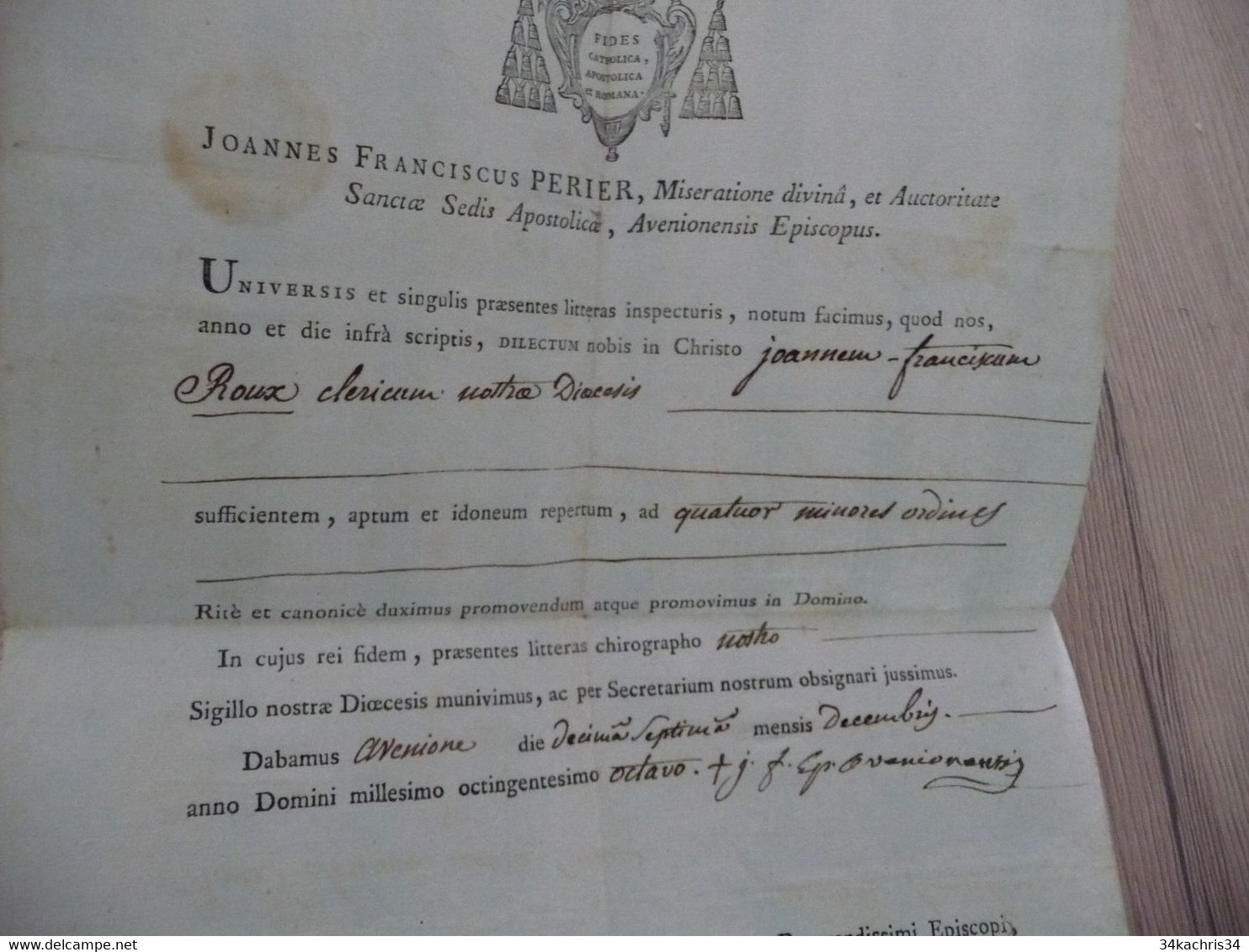 Religion Formule Sur Papier Signée Goulet Joannes Franciscus Perier Sceau Début XIX ème - Religión & Esoterismo