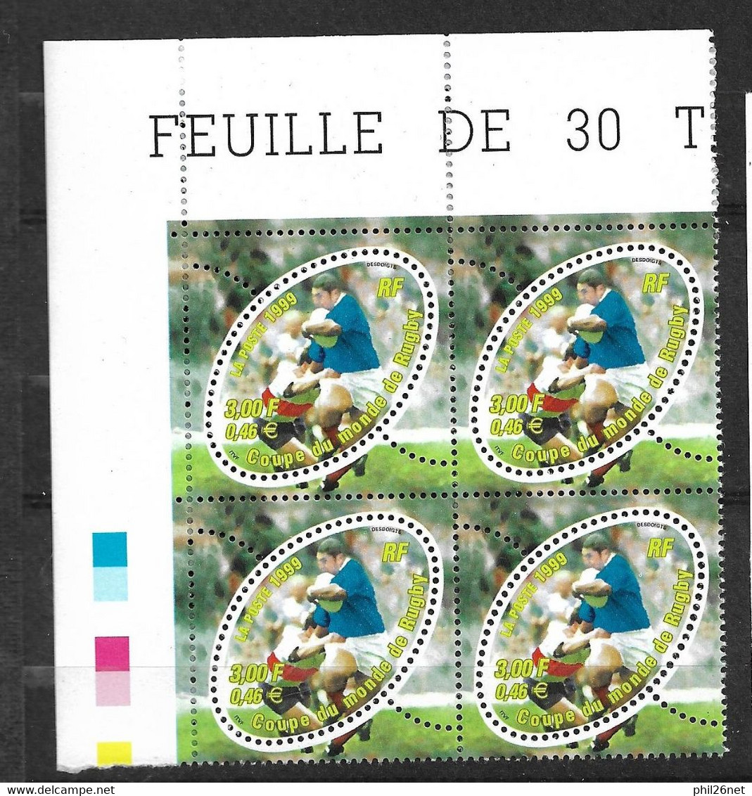 France  Bloc De 4 Coinde Feuille Repères Couleurs  N° 3280 Coupe Du Monde 1998  Neufs * * TB MNH VF Voir Scan   - Rugby