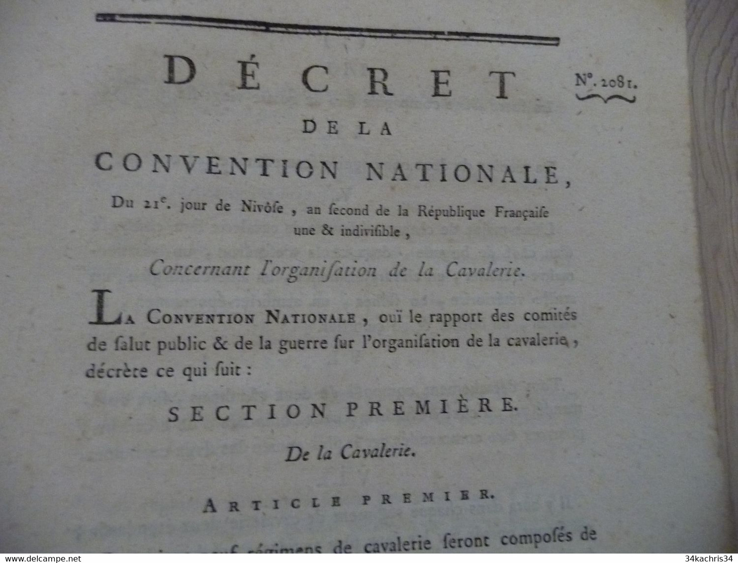 Révolution Décret  Convention Nationale 21 Nivose An 2 Organisation De La Cavalerie Désolidarisé - Gesetze & Erlasse