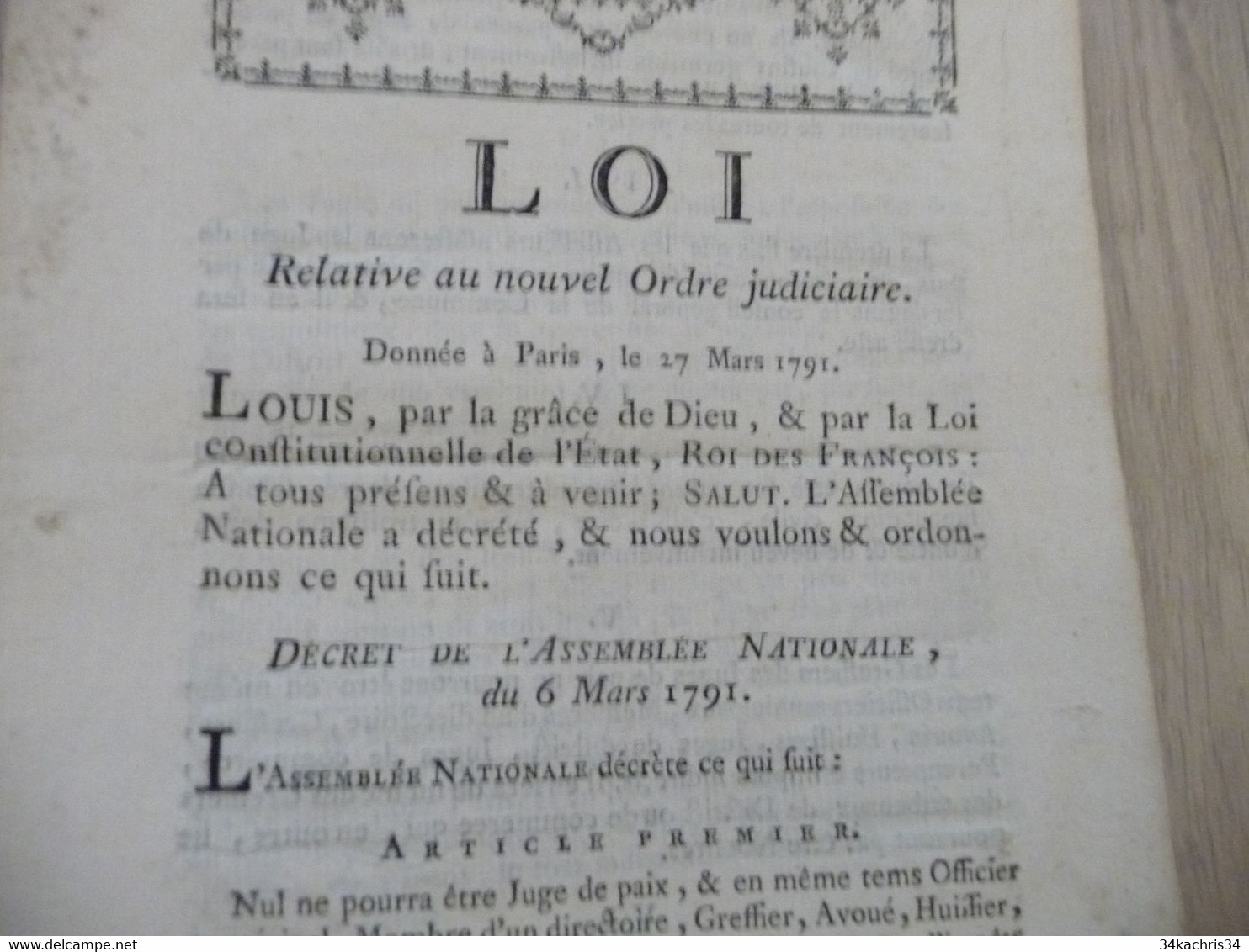 Révolution Loi 27/03/1791 Relative Au Nouvel Ordre Judiciaire - Décrets & Lois
