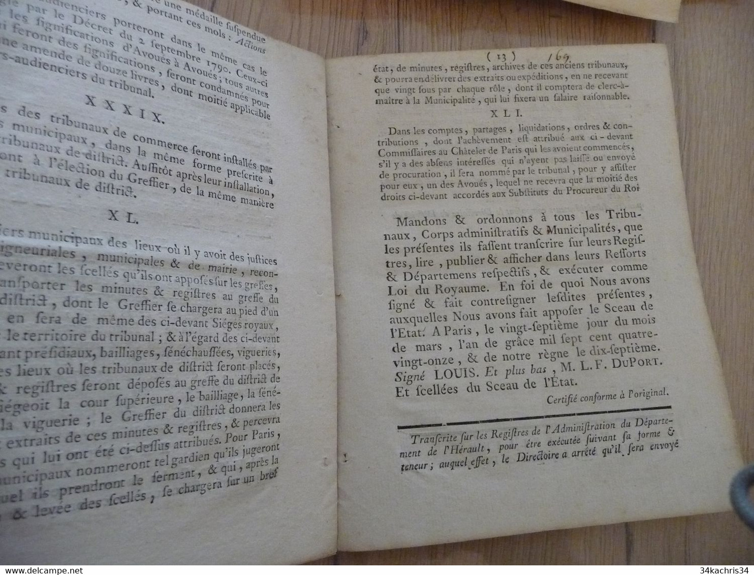 Révolution Loi 27/03/1791 Relative Au Nouvel Ordre Judiciaire - Décrets & Lois