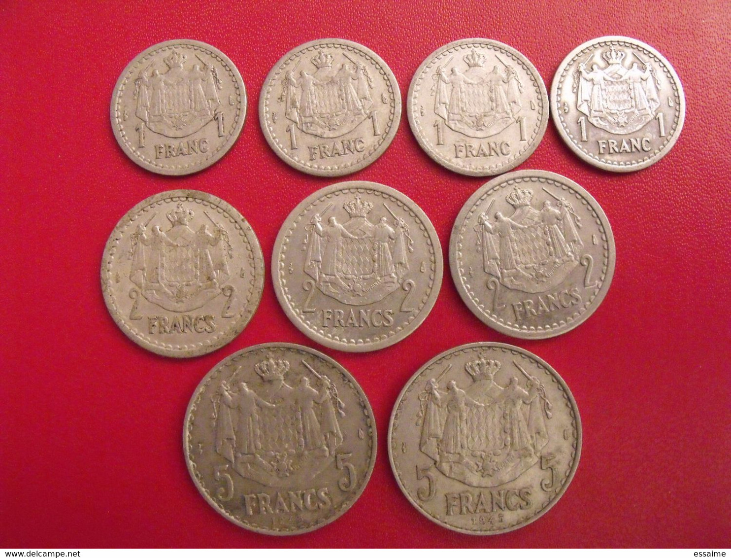 Lot De 9 Pièces De Monaco : 1, 2, 5 Francs 1943/1945. Louis II - Andere & Zonder Classificatie