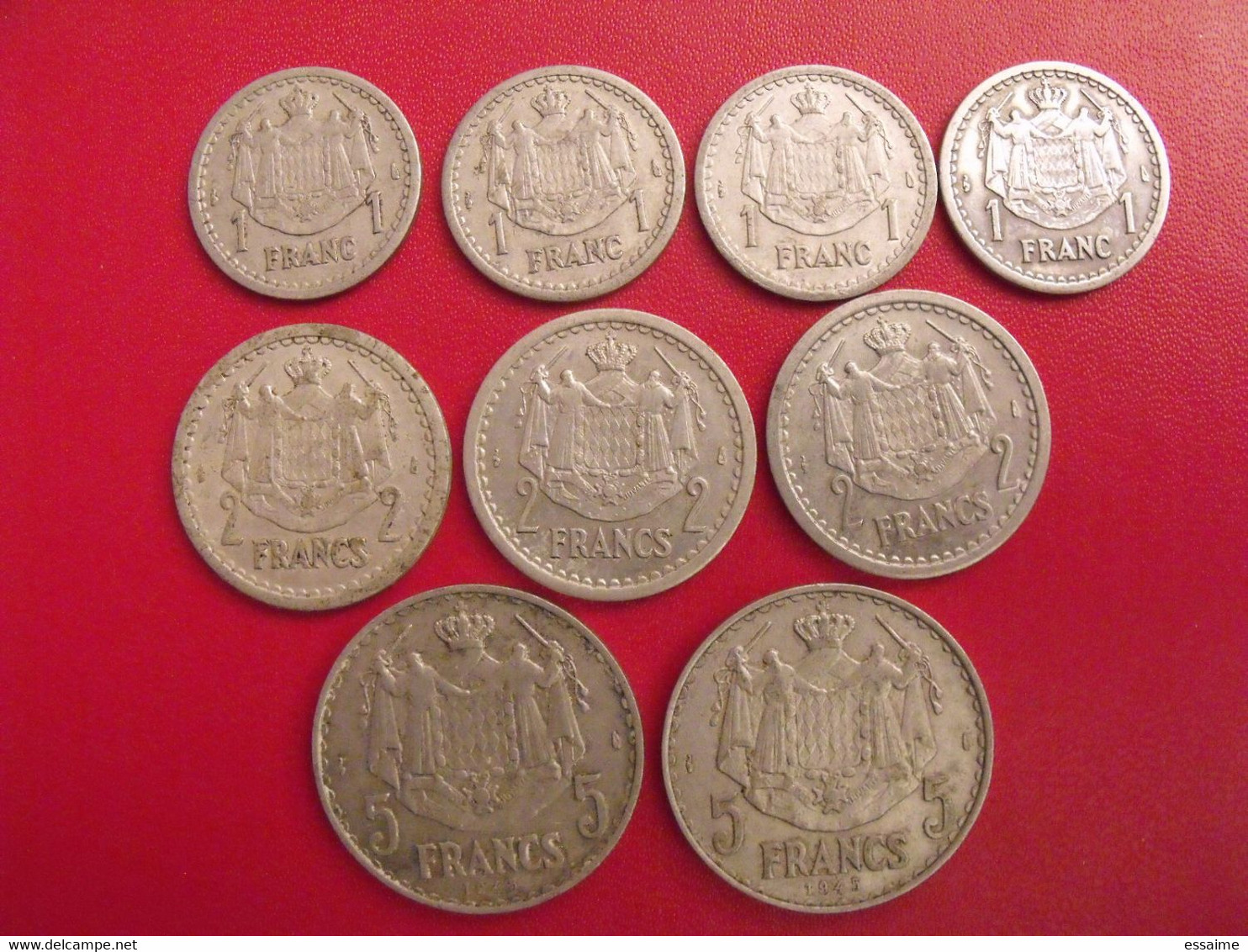 Lot De 9 Pièces De Monaco : 1, 2, 5 Francs 1943/1945. Louis II - Autres & Non Classés