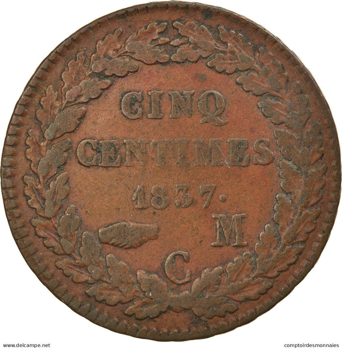 Monnaie, Monaco, Honore V, 5 Centimes, Cinq, 1837, Monaco, TB+, Cuivre, KM:95.2a - 1819-1922 Onorato V, Carlo III, Alberto I