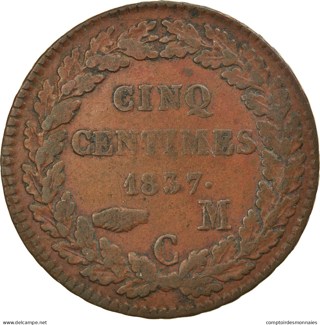 Monnaie, Monaco, Honore V, 5 Centimes, Cinq, 1837, Monaco, TB+, Cuivre, KM:95.2a - 1819-1922 Honoré V, Charles III, Albert I