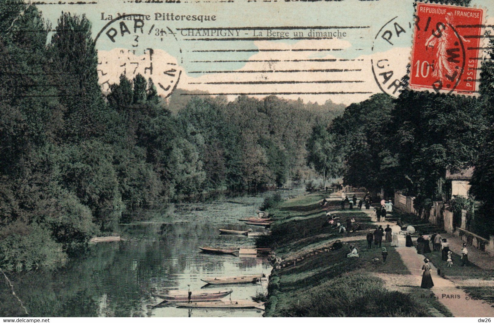 Champigny (La Marne Pittoresque) La Berge Un Dimanche - Edition B.F. Paris - Carte Colorisée N° 31 - Champigny