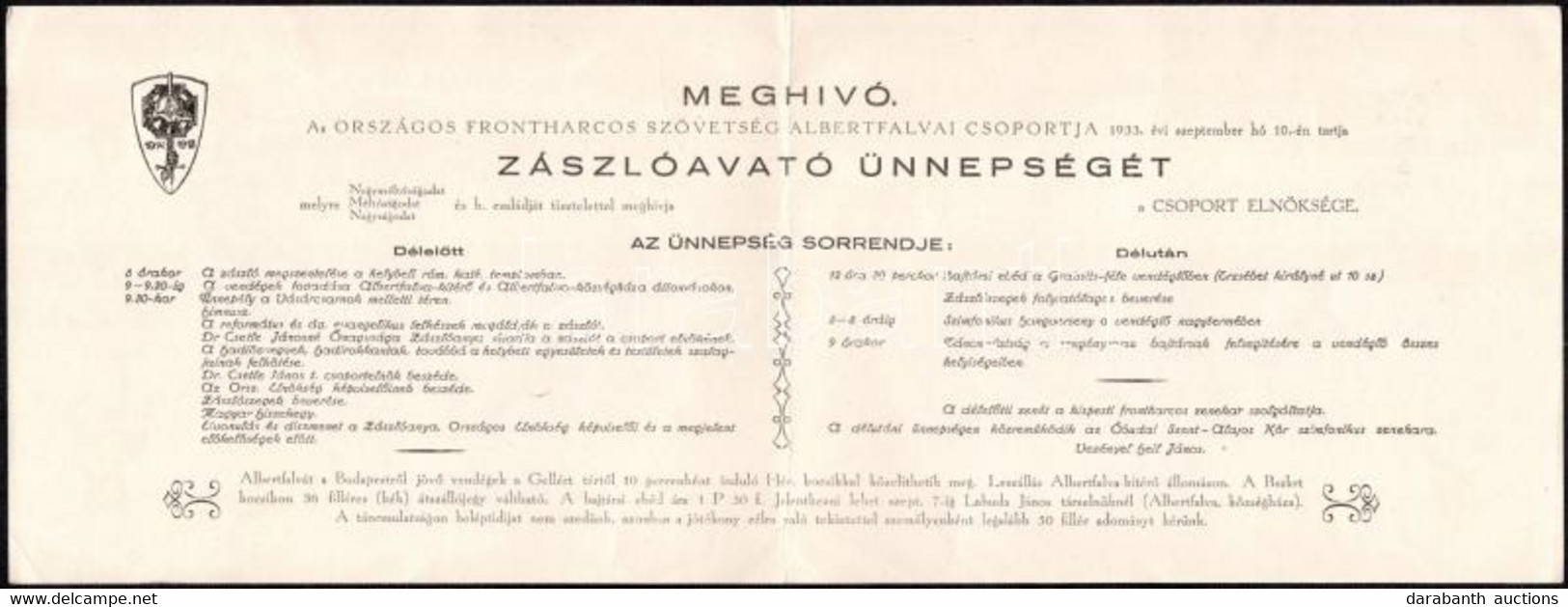 1933 Országos Frontharcos Szövetség Albertfalvai Csoportja, Meghívó Zászlóavató ünnepségre, Logóval Illusztrált, Postázv - Altri & Non Classificati