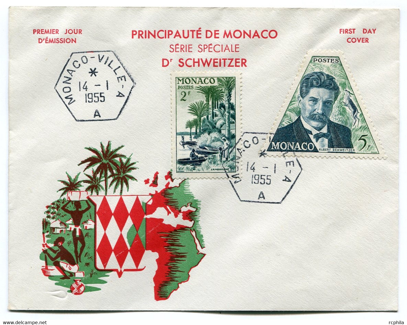 RC 19923 MONACO 1955 Dr SCHWEITZER ENVELOPPE 1er JOUR FDC  TB - FDC