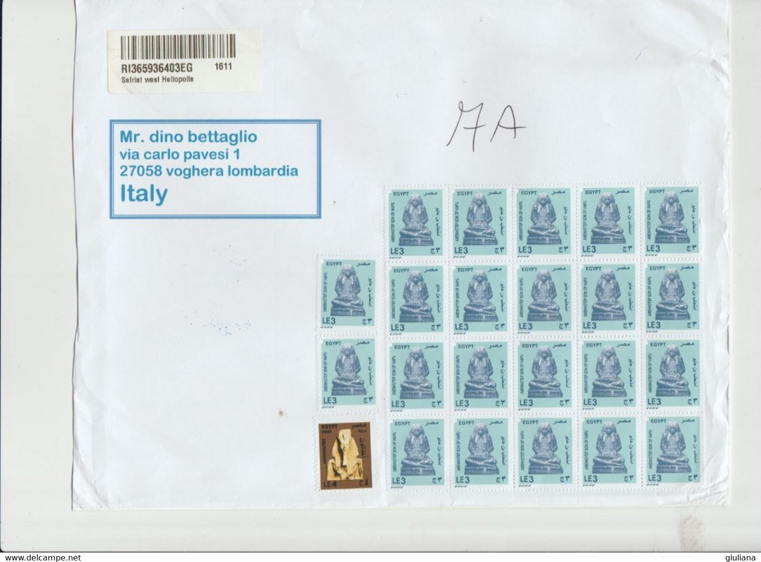 Egitto 2020 - Busta Racc. X L'Italia Affrancata Con Blocco Di 22 + 1 Stamps (non Timbrati) - Lettres & Documents