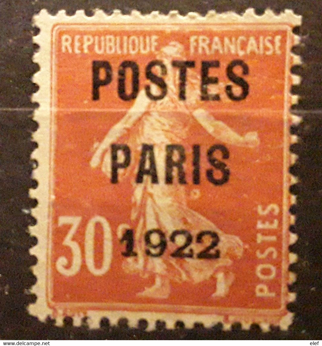 France Preo  Preobliteres 1922,Yvert No 32,Semeuse Camee 30 C Rouge POSTES PARIS 1922 VARIETE ANNEAU LUNE  Neuf (*)TTB - 1893-1947