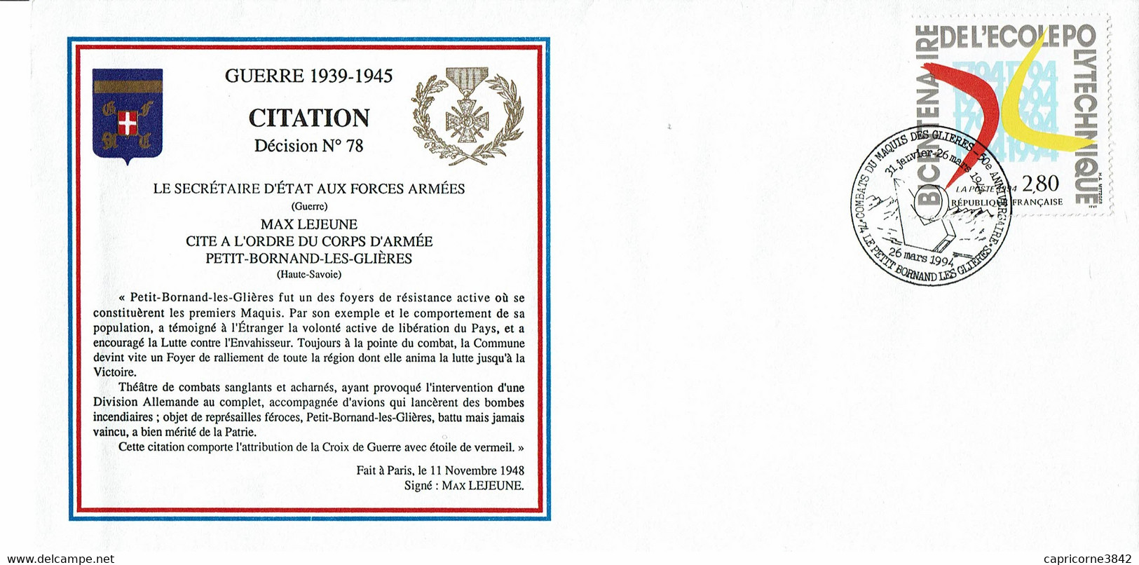 1994 - Oblit. Temporaire "50eme ANNIVERSAIRE DES COMBATS DU MAQUIS DES GLIERES - Le Petit Bornand-Les Glières - Cachets Provisoires