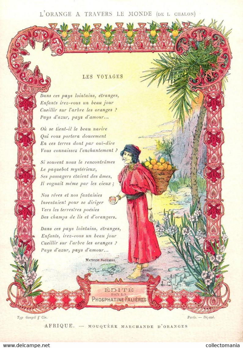 5 Cartes Menu L' Orange A Travers Le Monde Phosphatine Falières Syrie Afrique Bosphore Indoustan Espagne Litho.Goupil - Menus